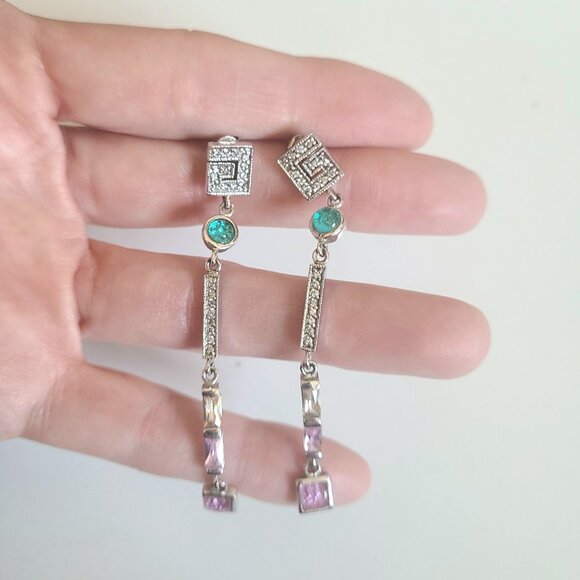 Long dangling sterling silver earrings with pink and green rhinestones. - Picture 2 of 6